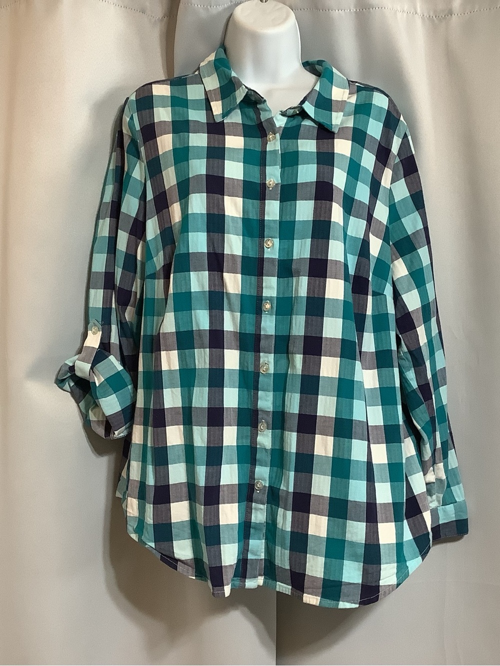 Allison Daley Teal, Navy & White Plaid Button-Down Shirt Women’s Size 18W